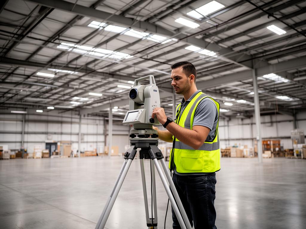 Technician operating 3D laser scanner in commercial warehouse in Phoenix