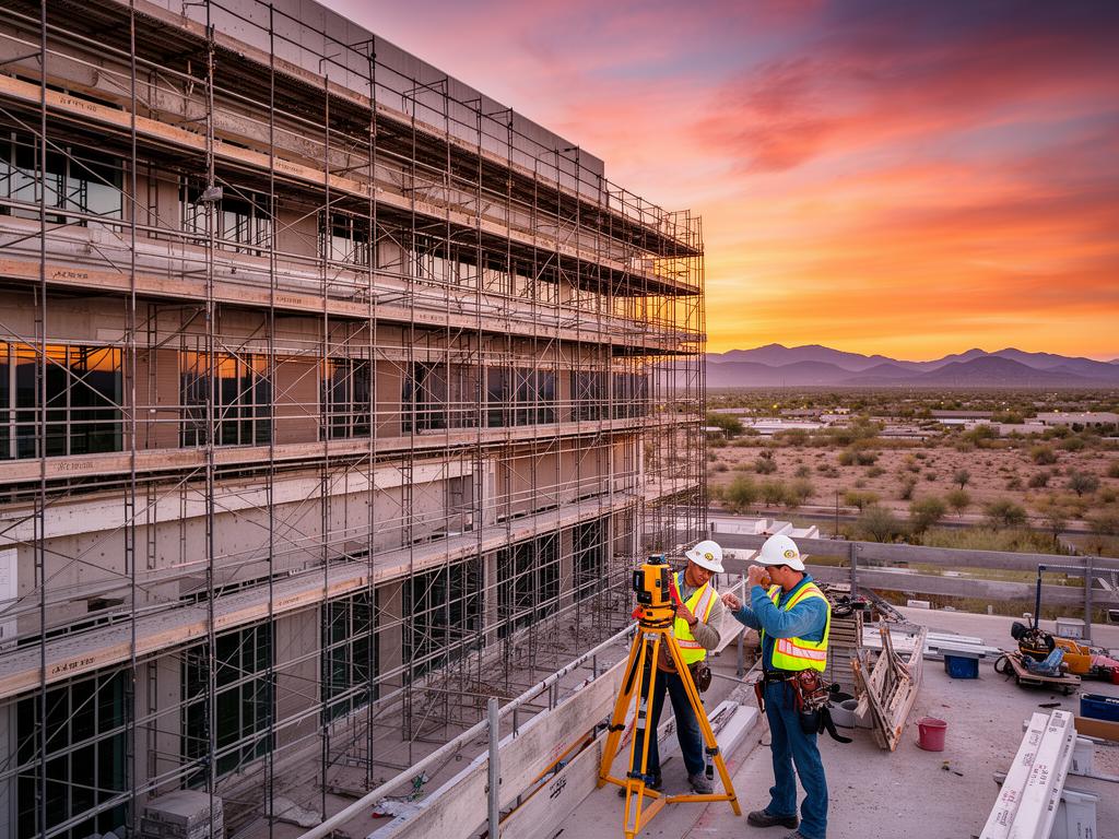 Construction workers using laser scanning equipment to document a commercial building project at sunset in Phoenix, Arizona