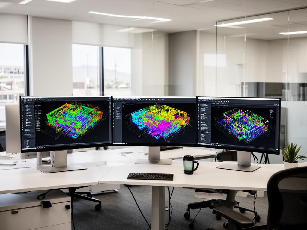 Office workstation with multiple monitors displaying 3D point cloud models and BIM software for facility management in Phoenix