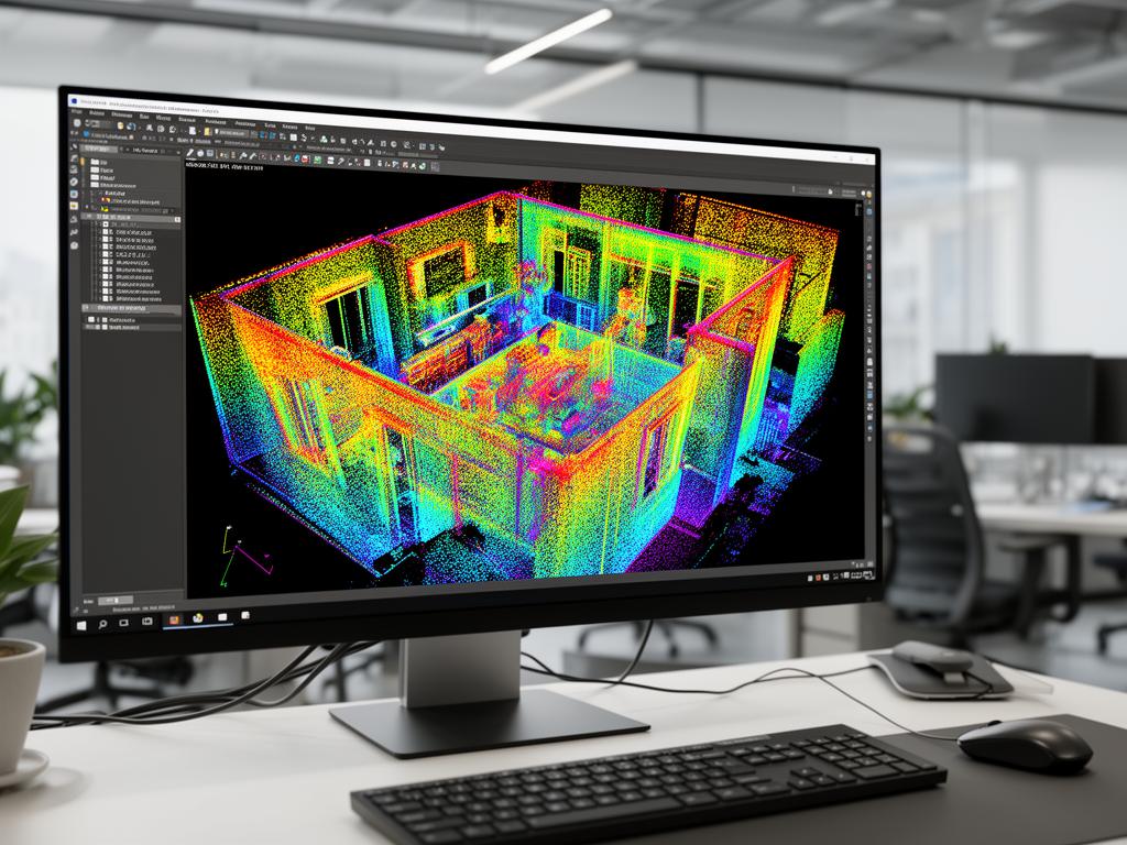 3D point cloud visualization on computer screen showing building interior scan